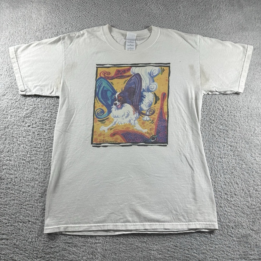 VINTAGE Art Shirt Mens Medium White Papillon‎ McCartney 2001 Y2K Butterfly Ears